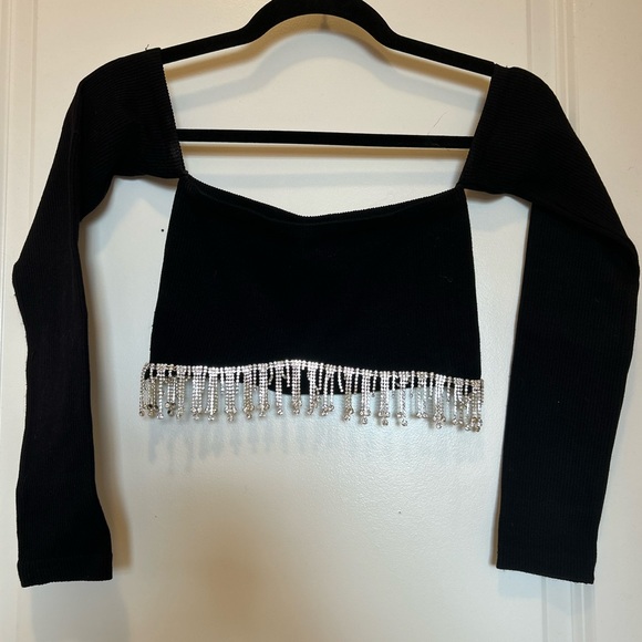 ZARA Off The Shoulder Black Rhinestone Seamless Crop Top Long Sleeve Size S!! - Picture 15 of 16